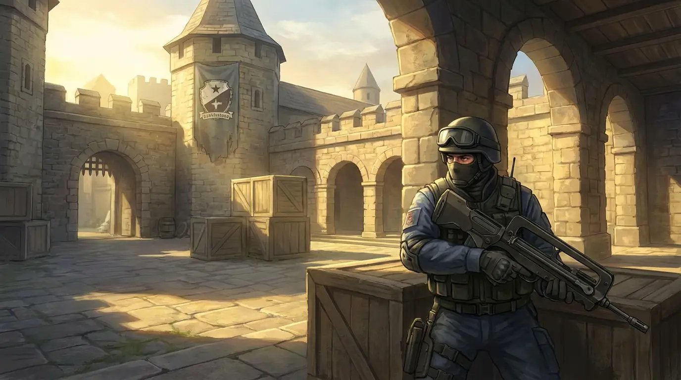 A CT holding a riot shield (from 1.6) in a doorway